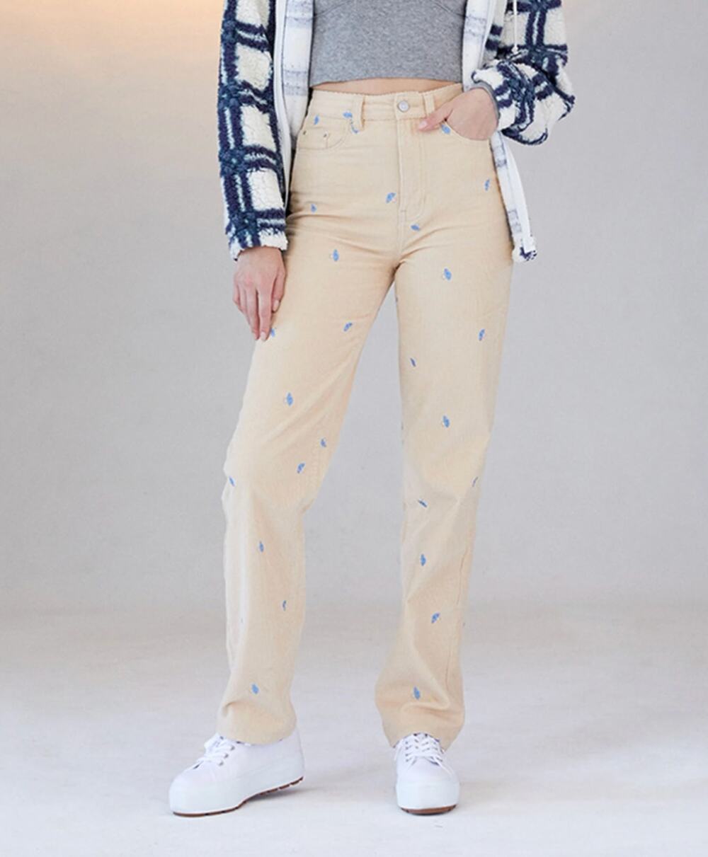 PACSUN Mushroom Embroidered Boyfriend Corduroy Pants Cream 27